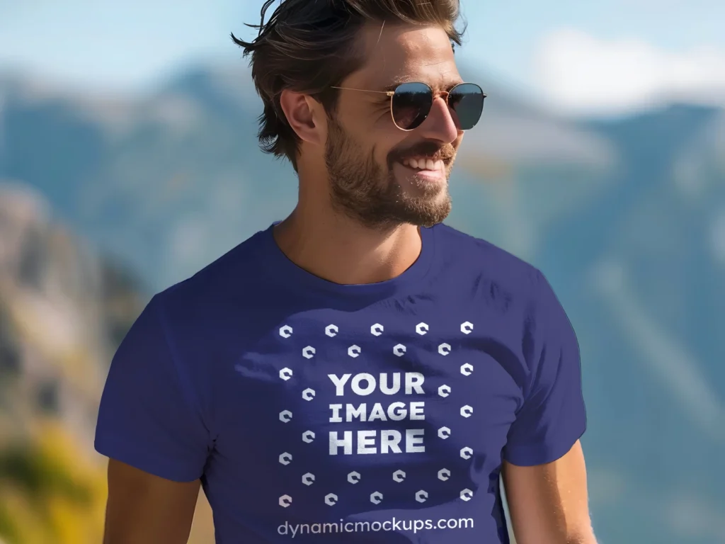 Man Wearing Navy Blue T-shirt Mockup Front View Template