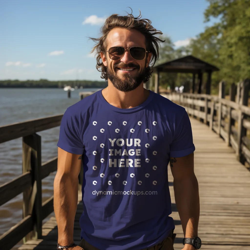 Man Wearing Navy Blue T-shirt Mockup Front View Template