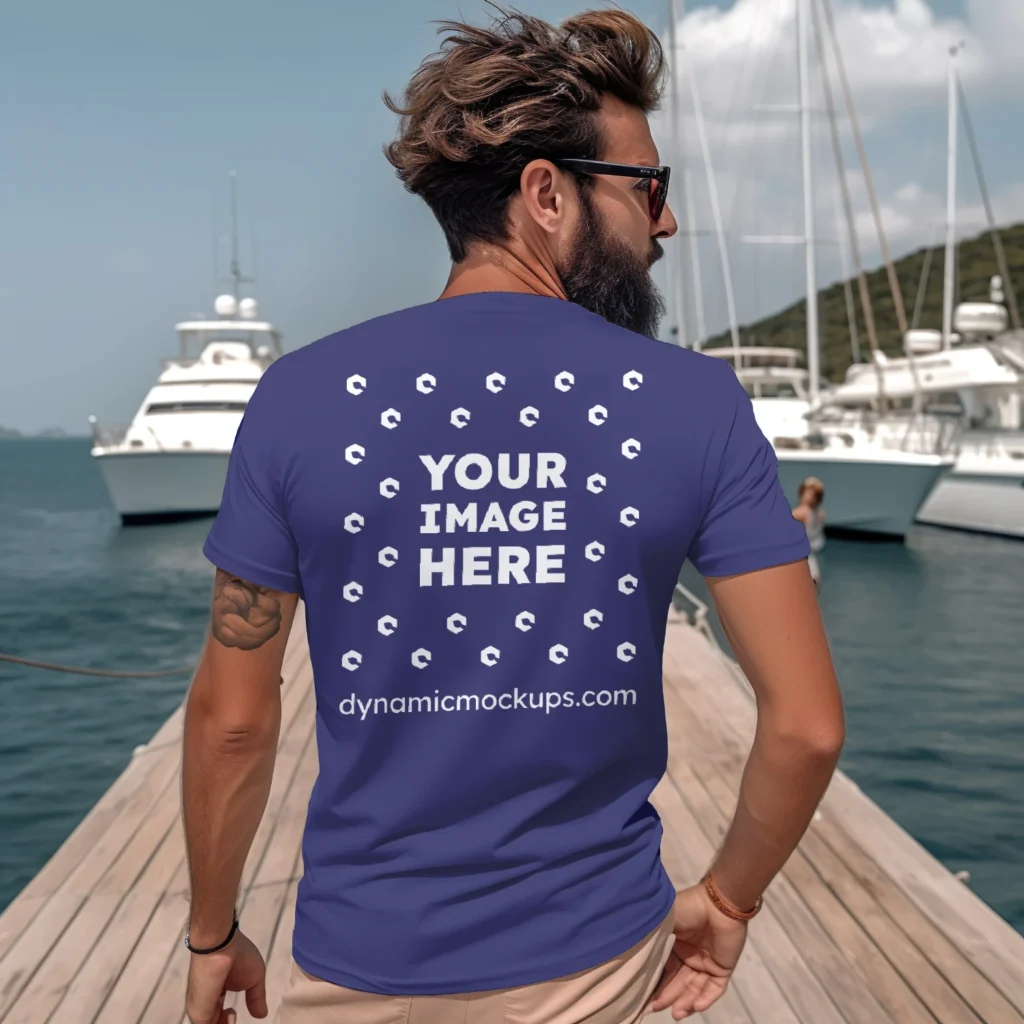 Man Wearing Navy Blue T-shirt Mockup Back View Template