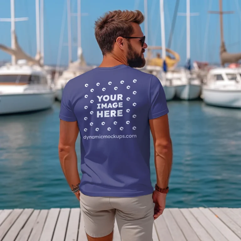 Man Wearing Navy Blue T-shirt Mockup Back View Template