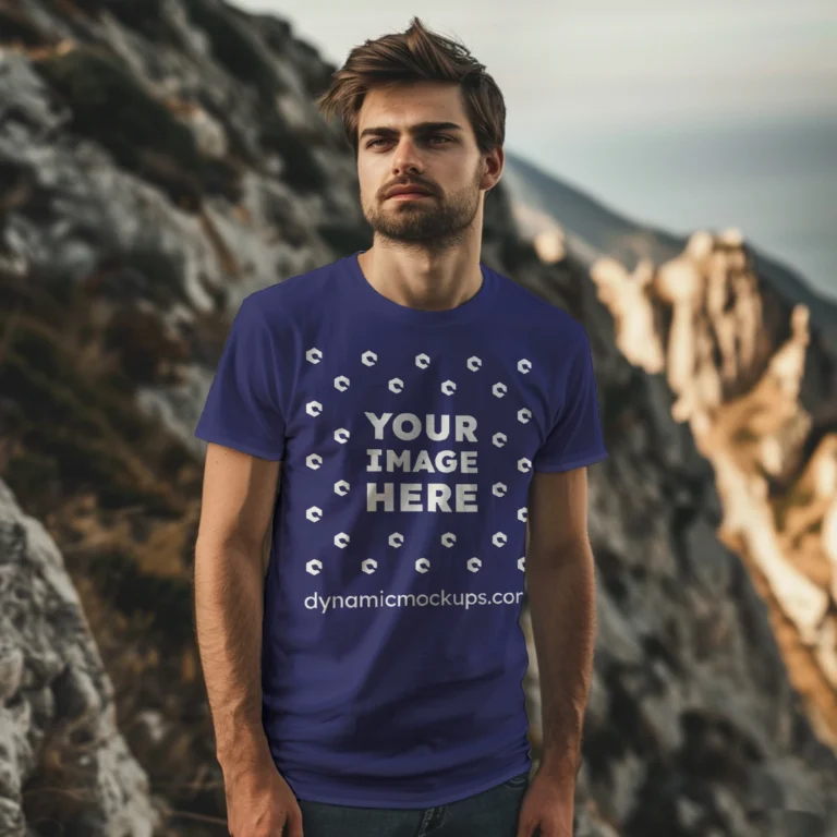 Man Wearing Navy Blue T-shirt Mockup Front View Template