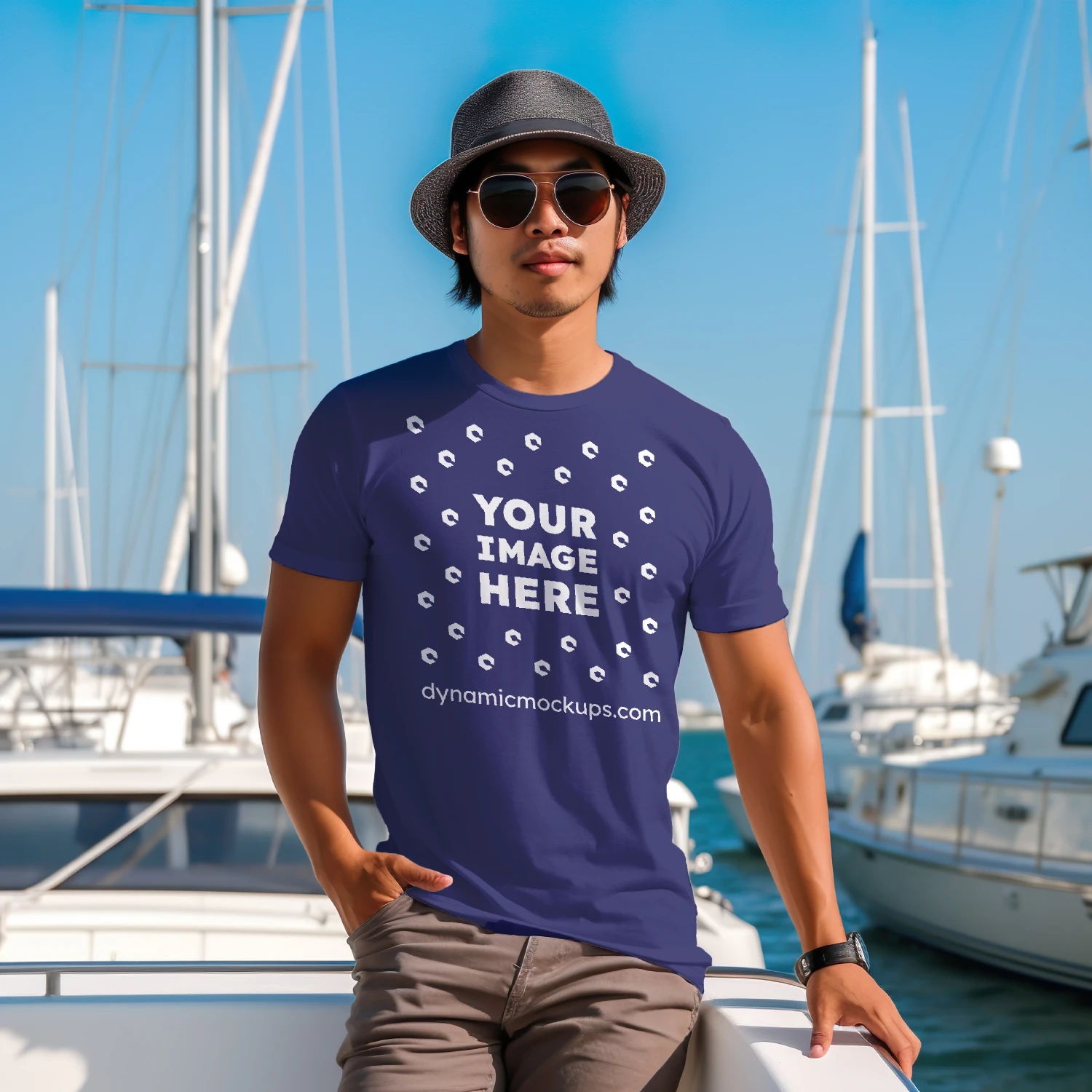 Man Wearing Navy Blue T-shirt Mockup Front View Template