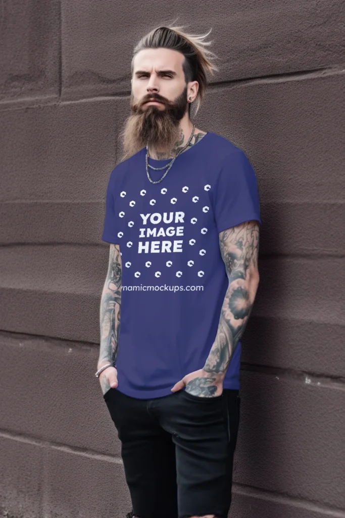 Man Wearing Navy Blue T-shirt Mockup Front View Template