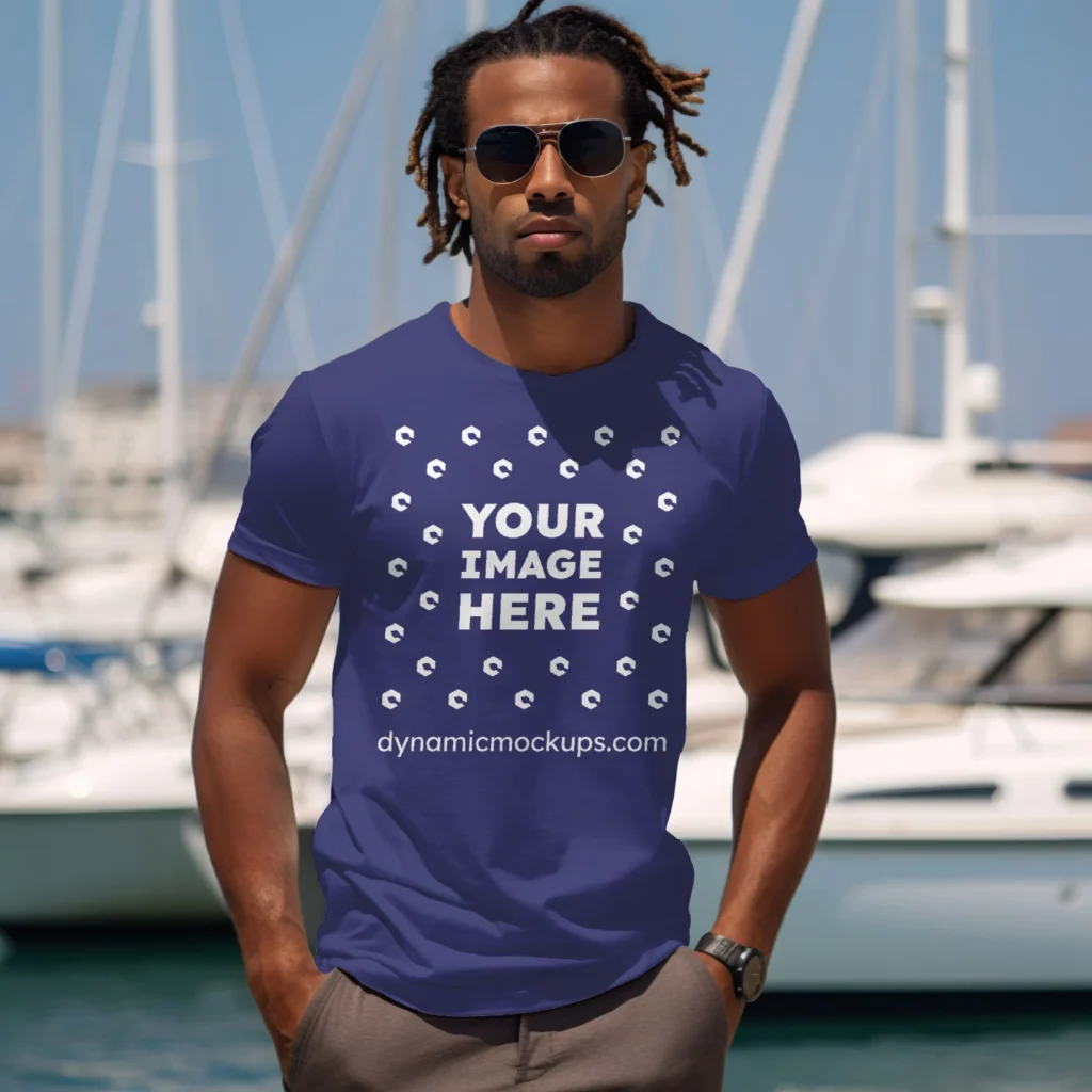 Man Wearing Navy Blue T-shirt Mockup Front View Template