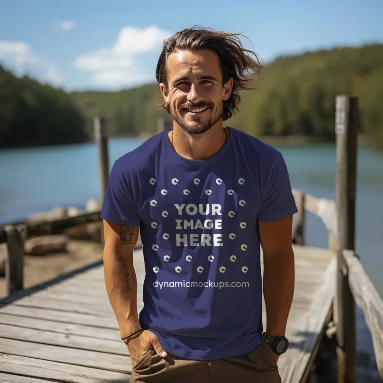 Man Wearing Navy Blue T-shirt Mockup Front View Template