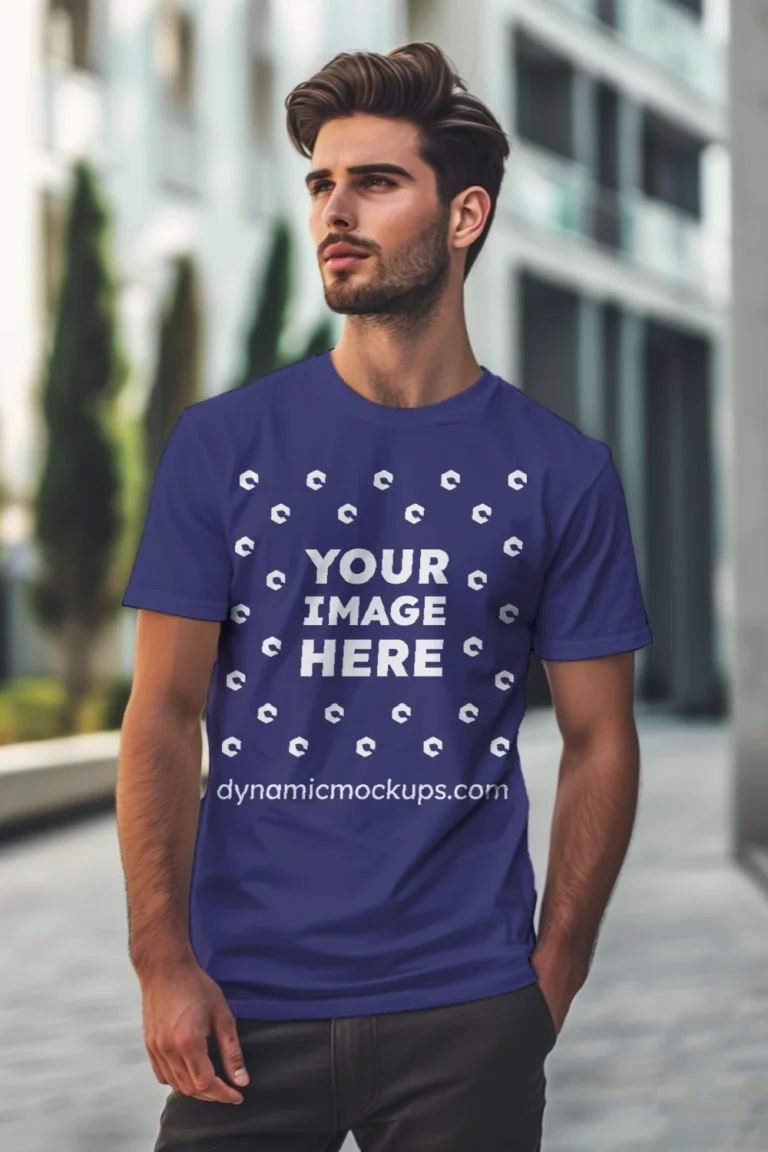 Man Wearing Navy Blue T-shirt Mockup Front View Template