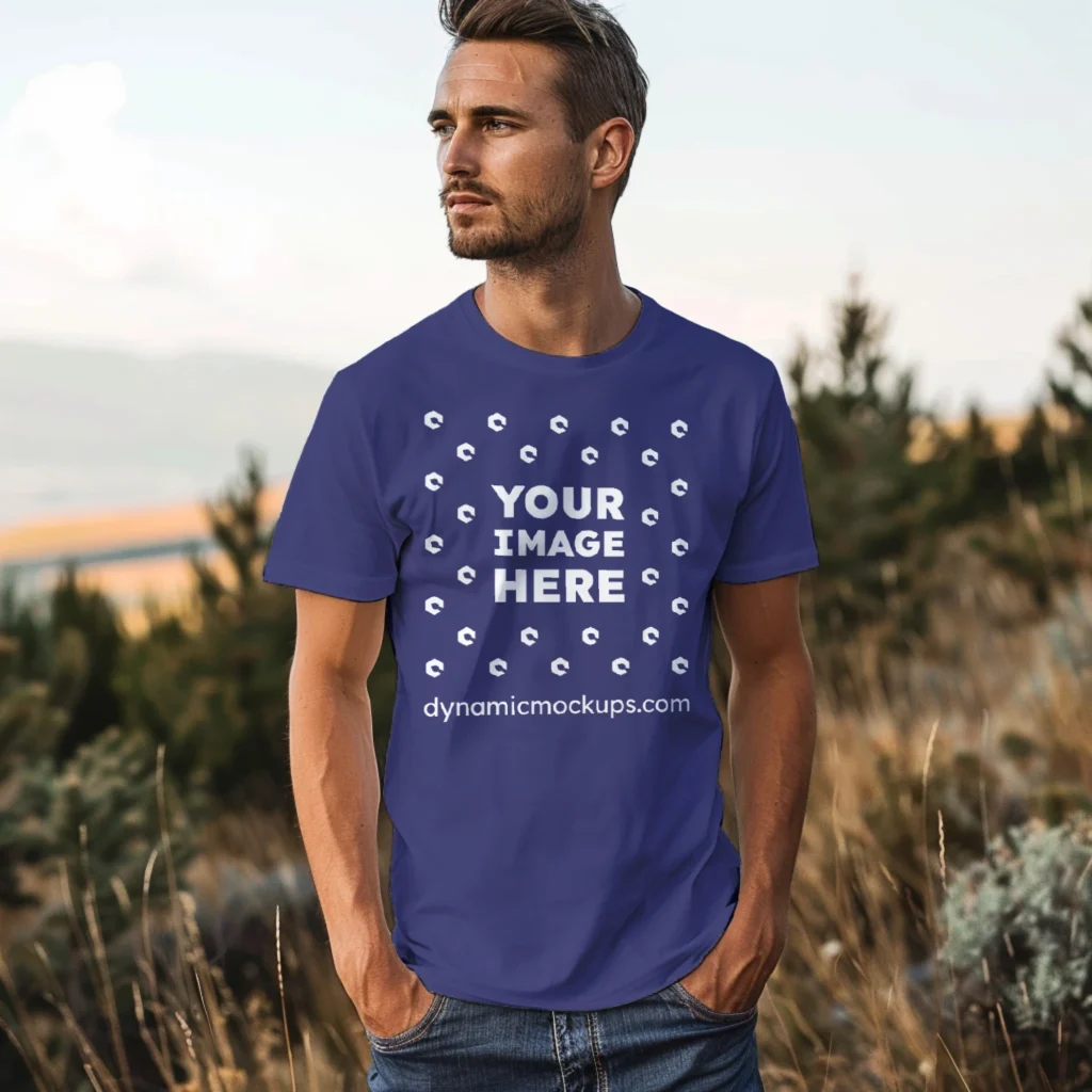 Man Wearing Navy Blue T-shirt Mockup Front View Template