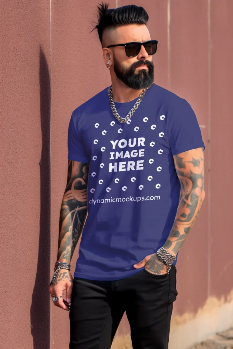 Man Wearing Navy Blue T-shirt Mockup Front View Template