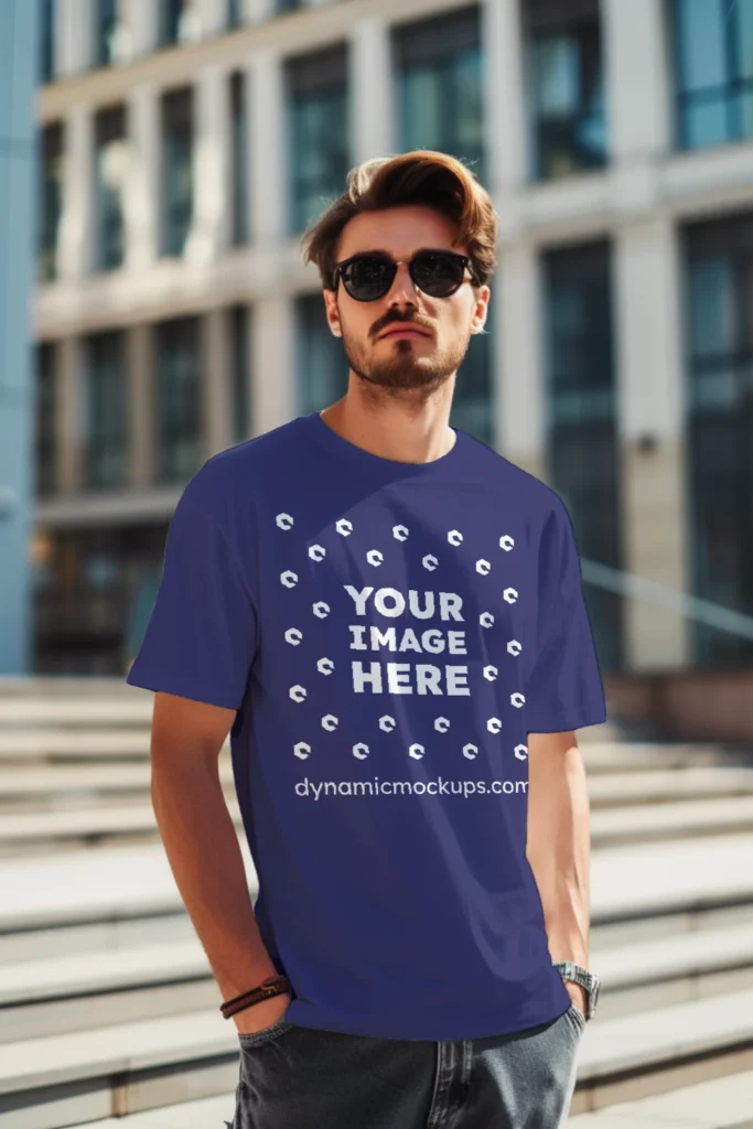 Man Wearing Navy Blue T-shirt Mockup Front View Template