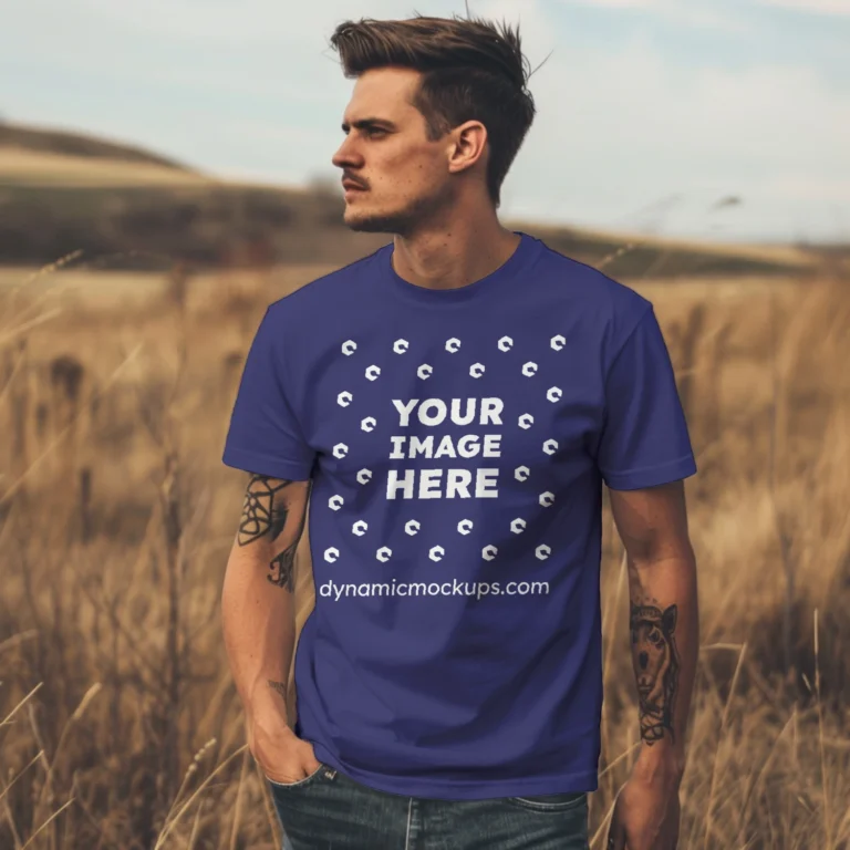 Man Wearing Navy Blue T-shirt Mockup Front View Template