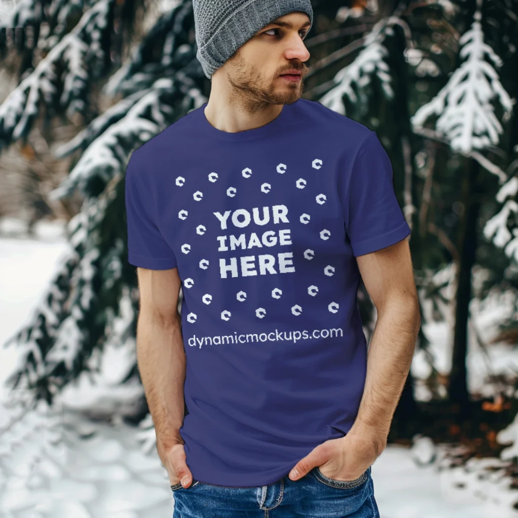 Man Wearing Navy Blue T-shirt Mockup Front View Template