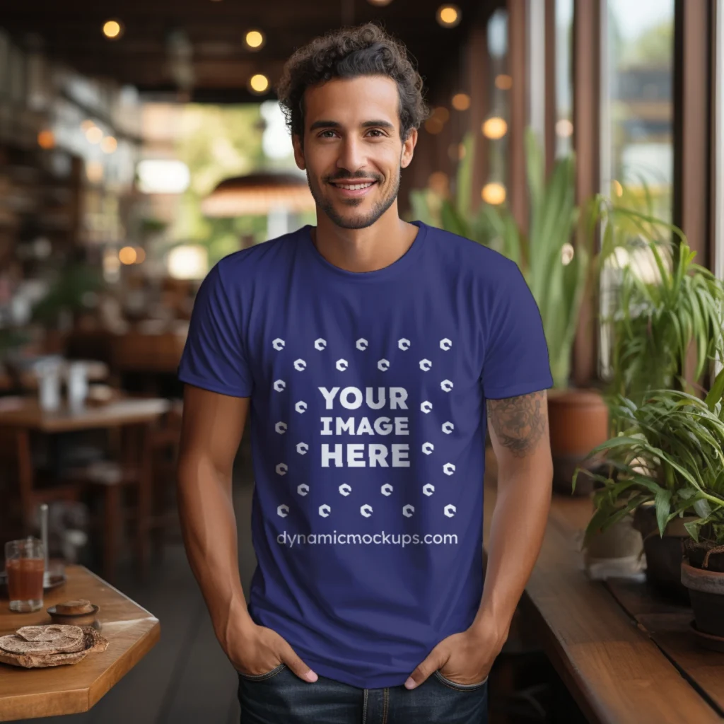 Man Wearing Navy Blue T-shirt Mockup Front View Template