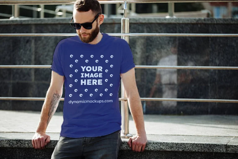 Man Wearing Navy Blue T-shirt Mockup Front View Template