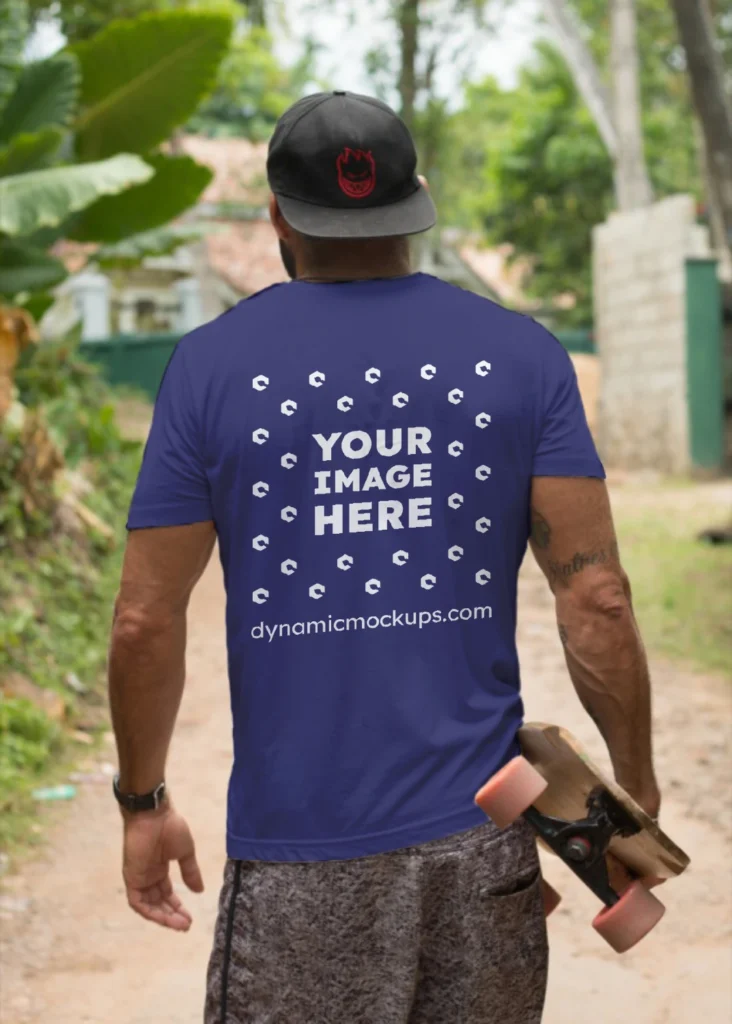 Man Wearing Navy Blue T-shirt Mockup Back View Template