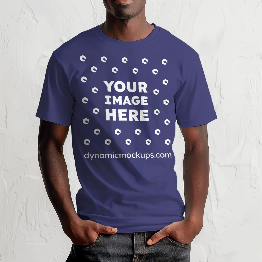 Man Wearing Navy Blue T-shirt Mockup Front View Template