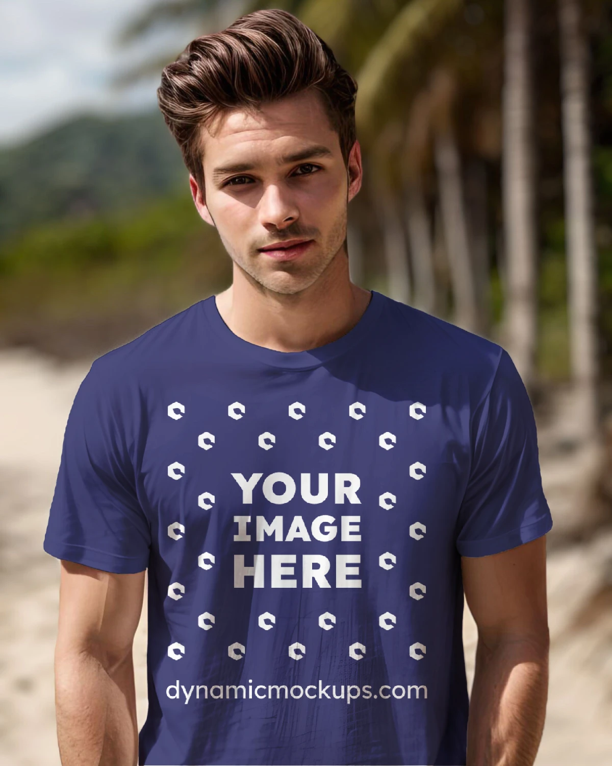 Man Wearing Navy Blue T-shirt Mockup Front View Template