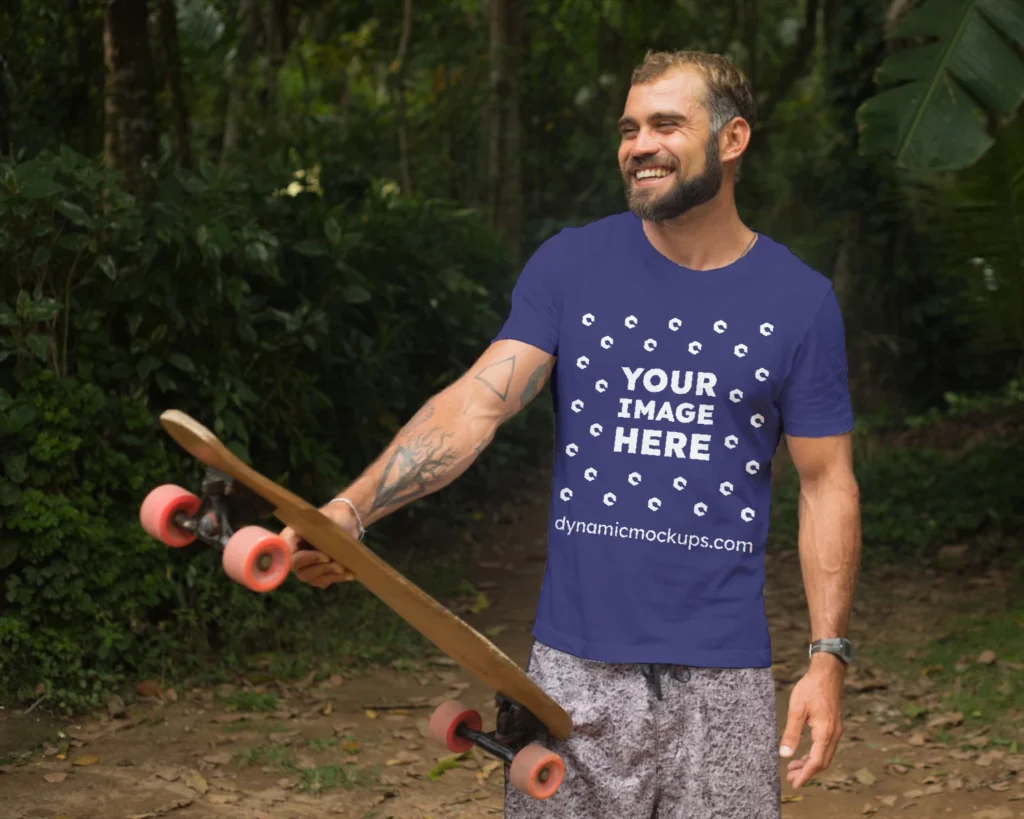 Man Wearing Navy Blue T-shirt Mockup Front View Template