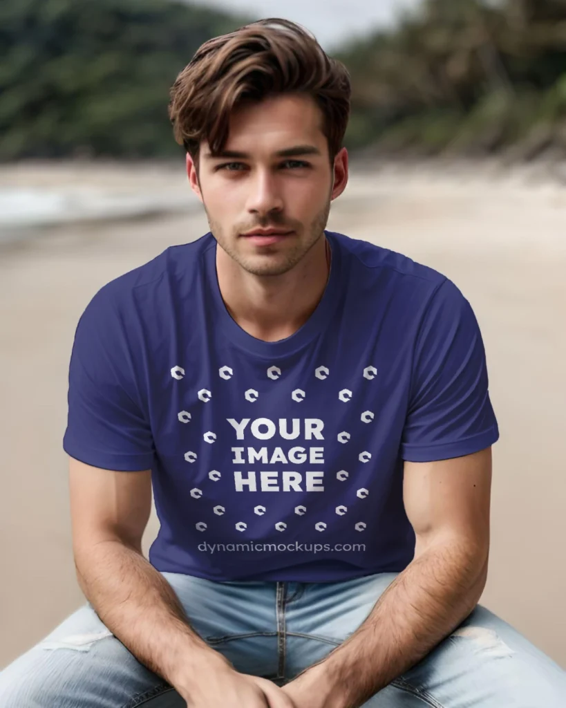 Man Wearing Navy Blue T-shirt Mockup Front View Template