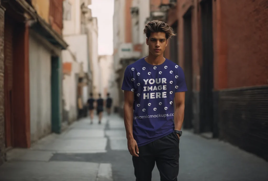 Man Wearing Navy Blue T-shirt Mockup Front View Template