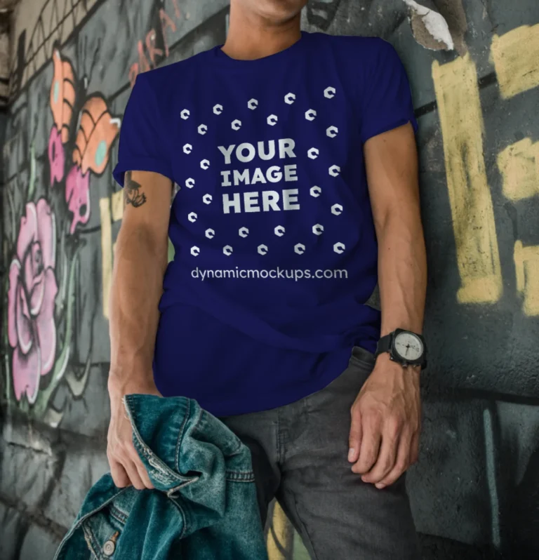 Man Wearing Navy Blue T-shirt Mockup Front View Template