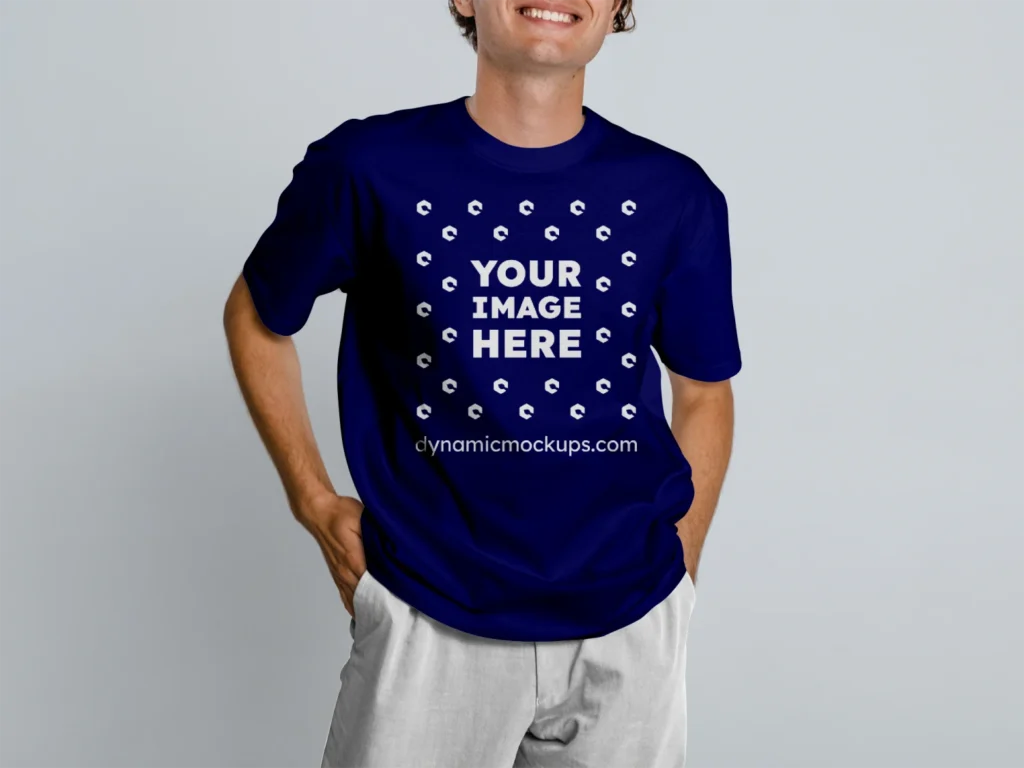 Man Wearing Navy Blue T-shirt Mockup Front View Template