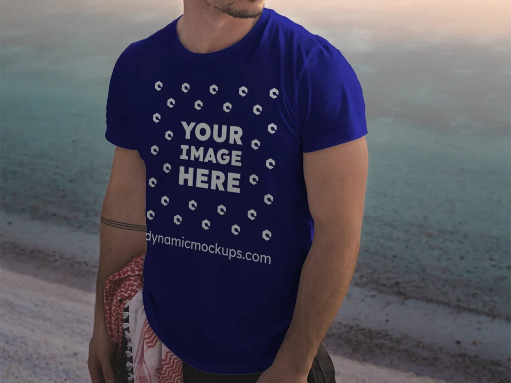 Man Wearing Navy Blue T-shirt Mockup Front View Template