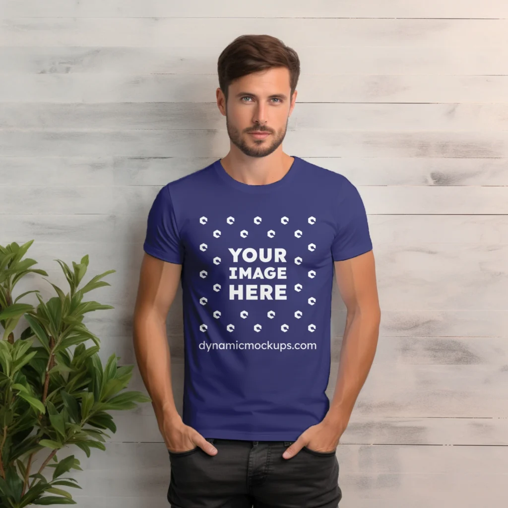 Man Wearing Navy Blue T-shirt Mockup Front View Template