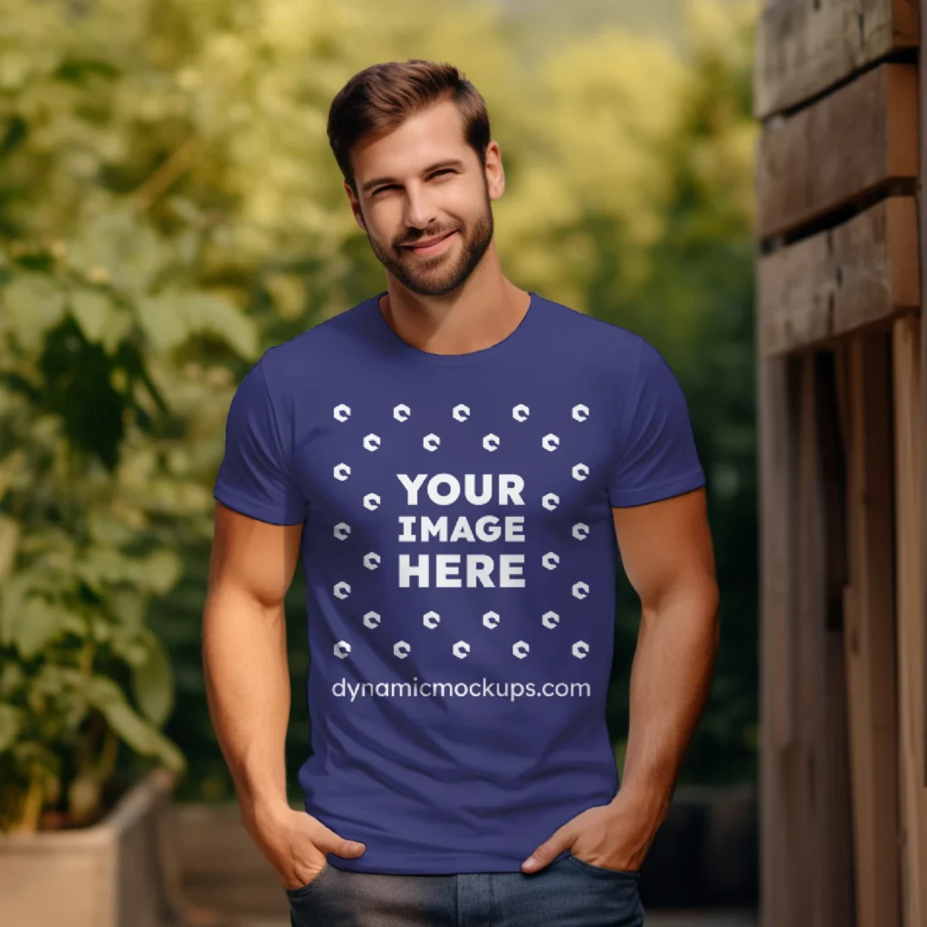 Man Wearing Navy Blue T-shirt Mockup Front View Template