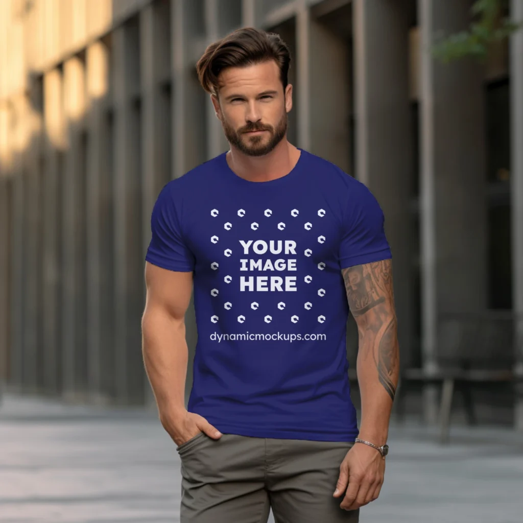 Man Wearing Navy Blue T-shirt Mockup Front View Template