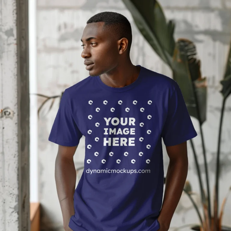 Man Wearing Navy Blue T-shirt Mockup Front View Template