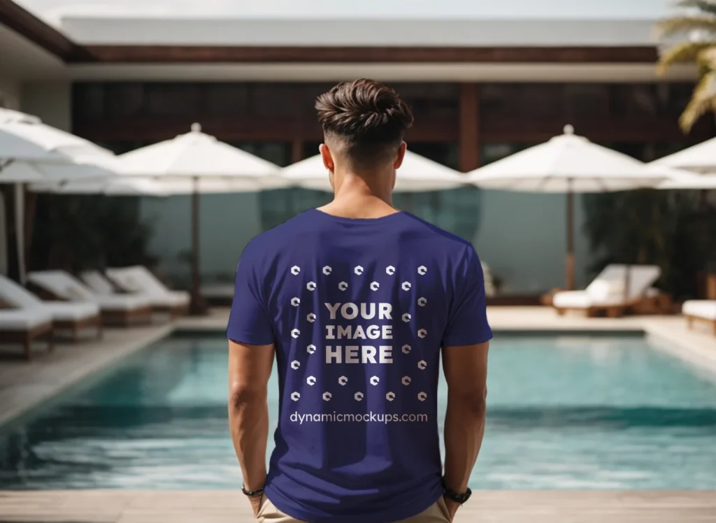 Man Wearing Navy Blue T-shirt Mockup Back View Template