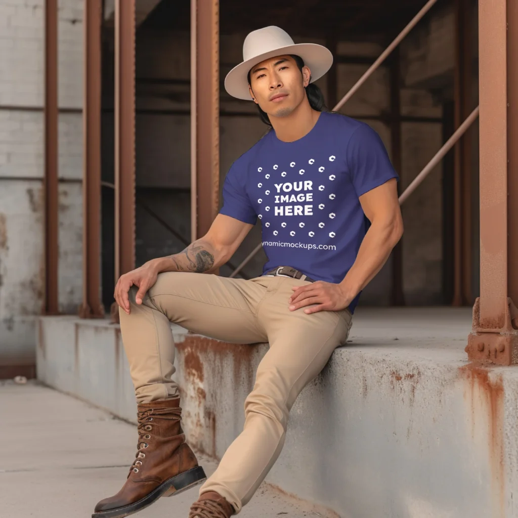 Man Wearing Navy Blue T-shirt Mockup Front View Template