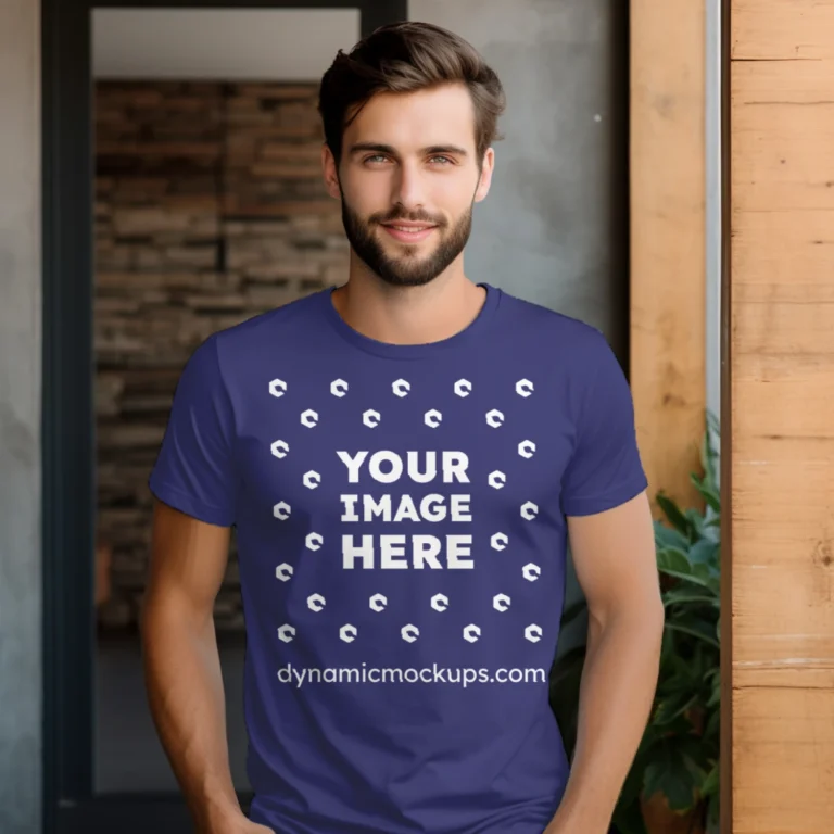 Man Wearing Navy Blue T-shirt Mockup Front View Template