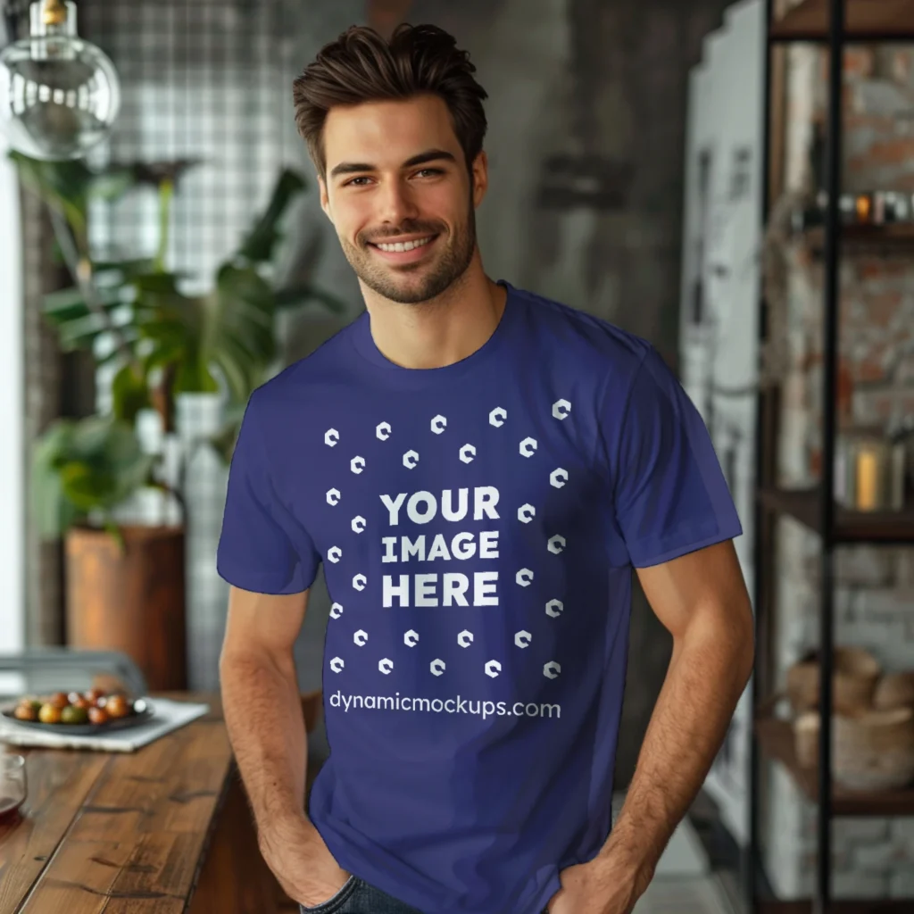 Man Wearing Navy Blue T-shirt Mockup Front View Template