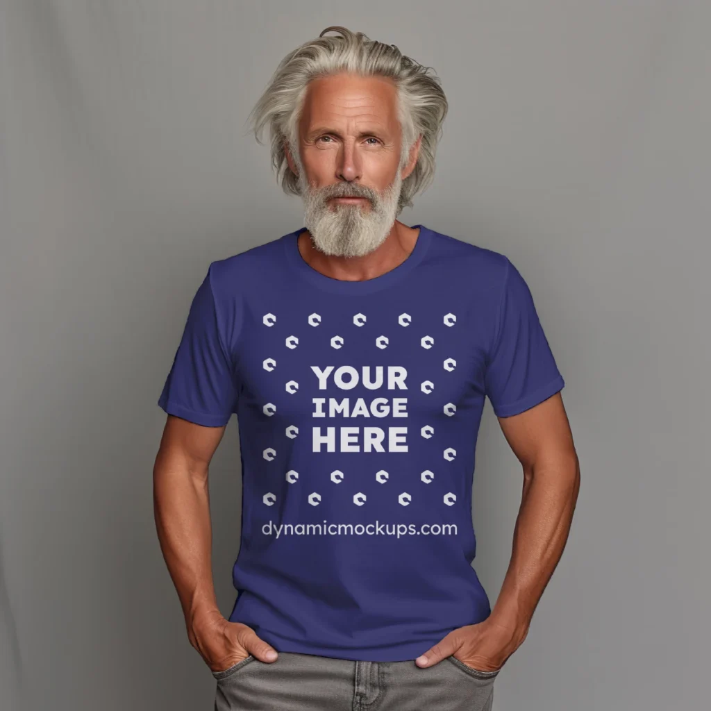 Man Wearing Navy Blue T-shirt Mockup Front View Template