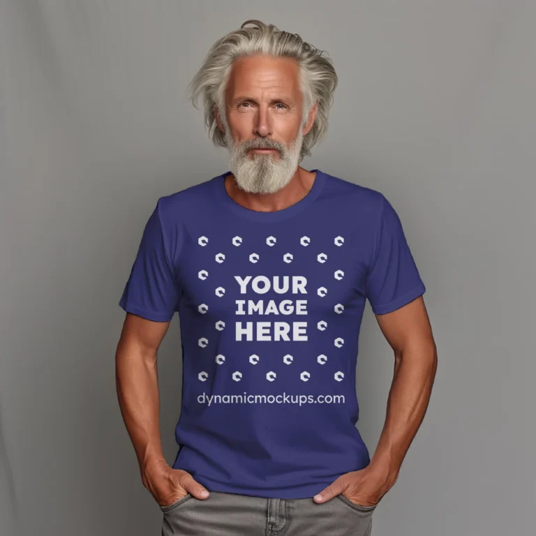 Man Wearing Navy Blue T-shirt Mockup Front View Template