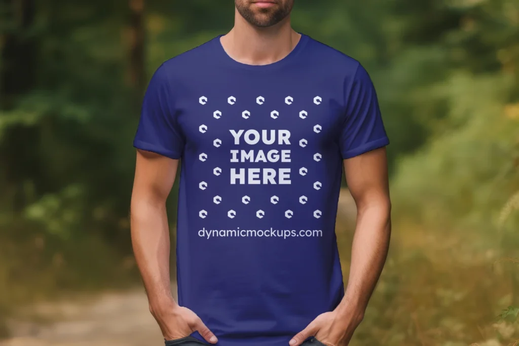 Man Wearing Navy Blue T-shirt Mockup Front View Template