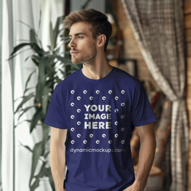 Man Wearing Navy Blue T-shirt Mockup Front View Template