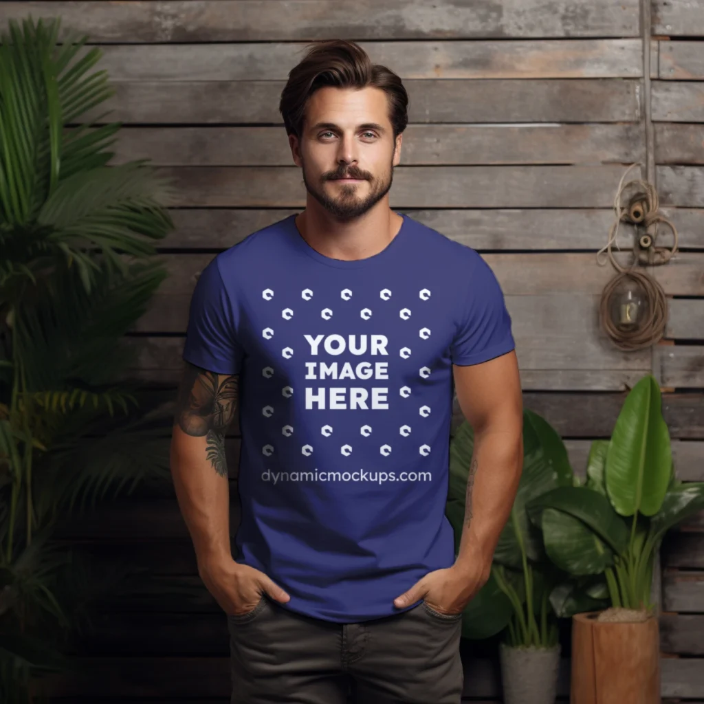 Man Wearing Navy Blue T-shirt Mockup Front View Template