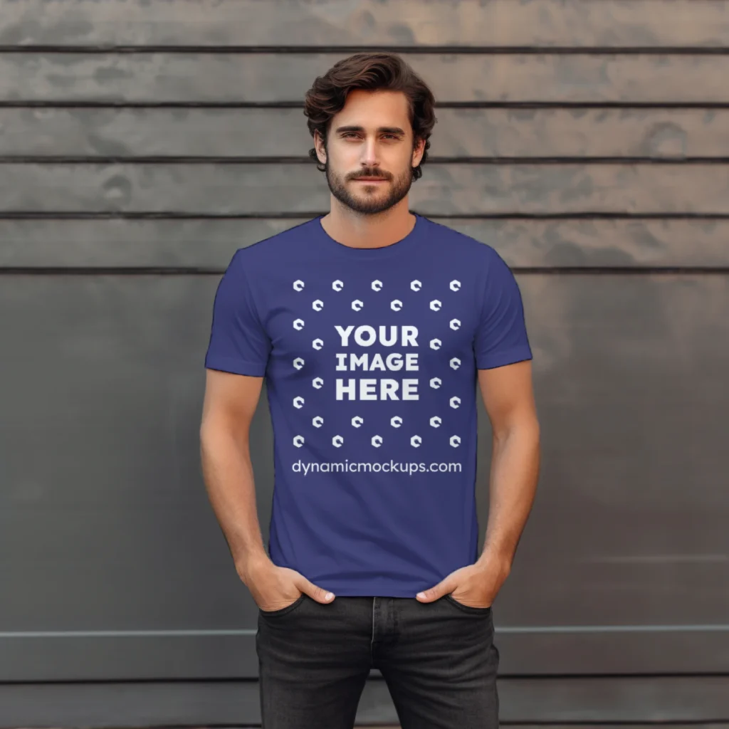 Man Wearing Navy Blue T-shirt Mockup Front View Template