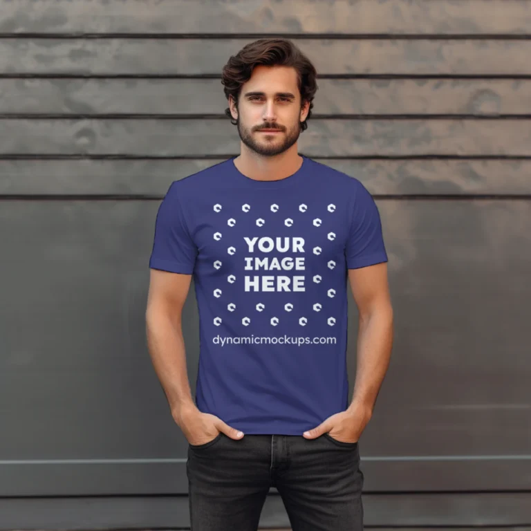 Man Wearing Navy Blue T-shirt Mockup Front View Template