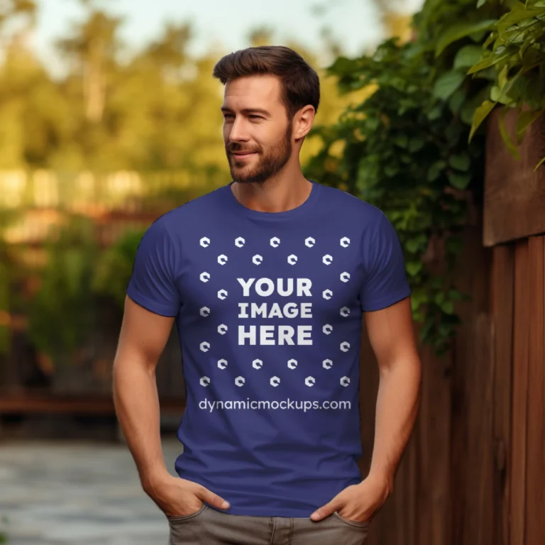 Man Wearing Navy Blue T-shirt Mockup Front View Template