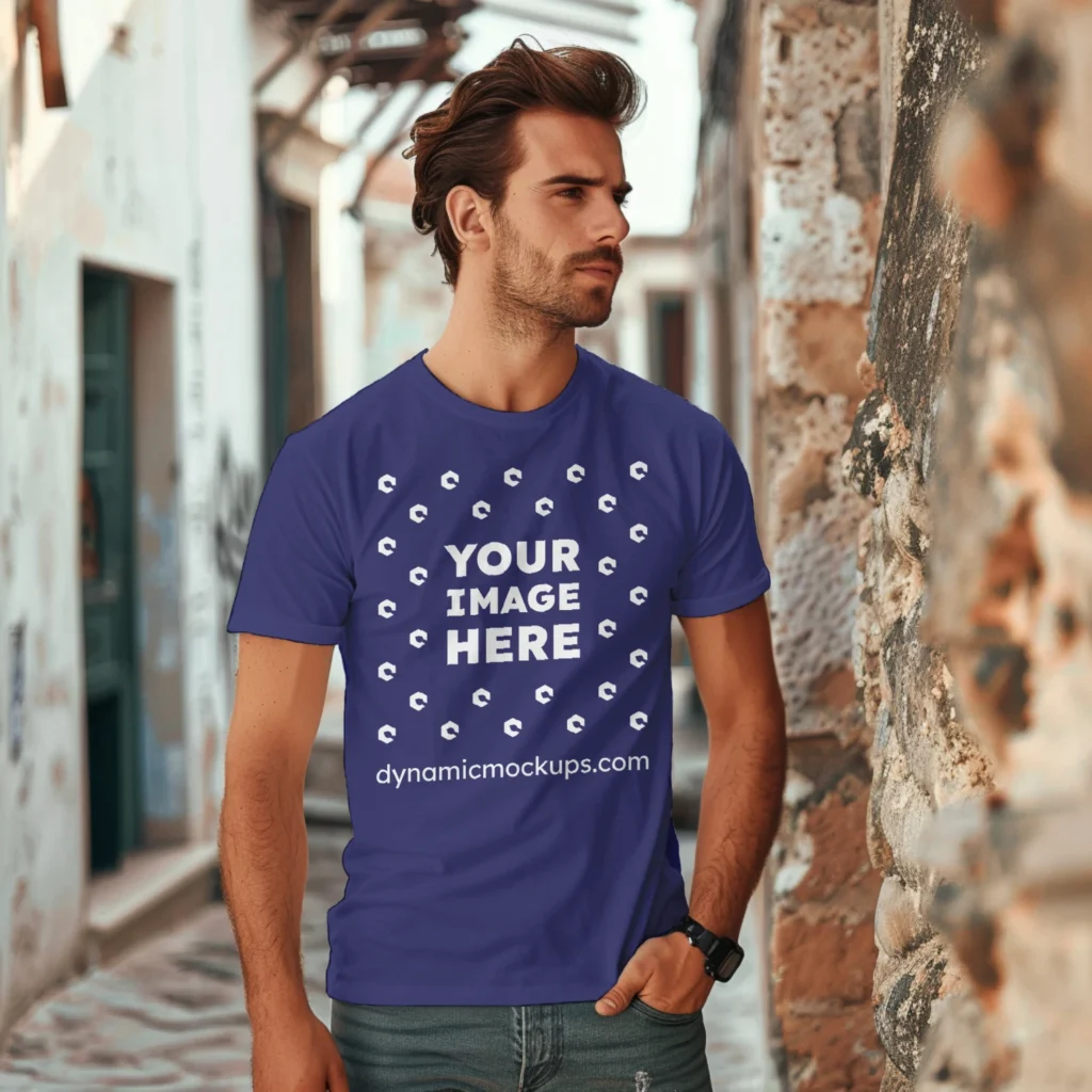 Man Wearing Navy Blue T-shirt Mockup Front View Template