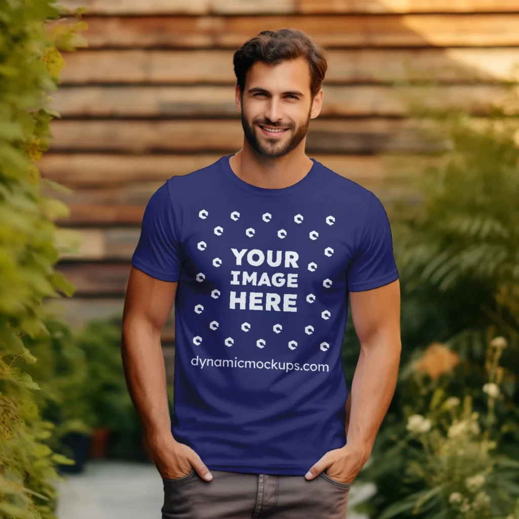 Man Wearing Navy Blue T-shirt Mockup Front View Template