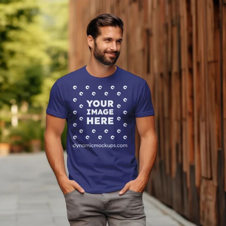 Man Wearing Navy Blue T-shirt Mockup Front View Template