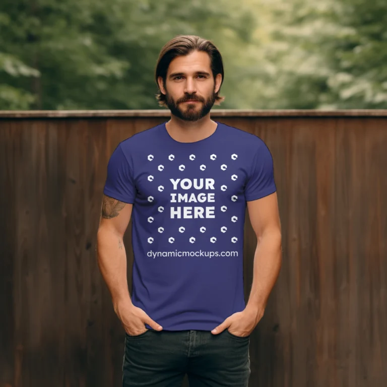 Man Wearing Navy Blue T-shirt Mockup Front View Template