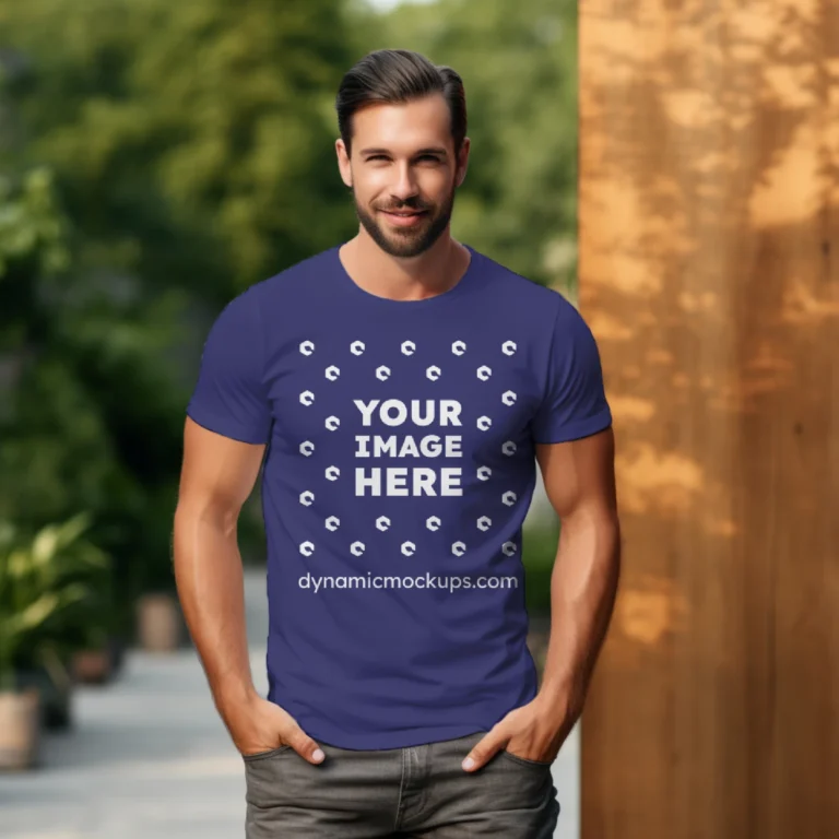 Man Wearing Navy Blue T-shirt Mockup Front View Template