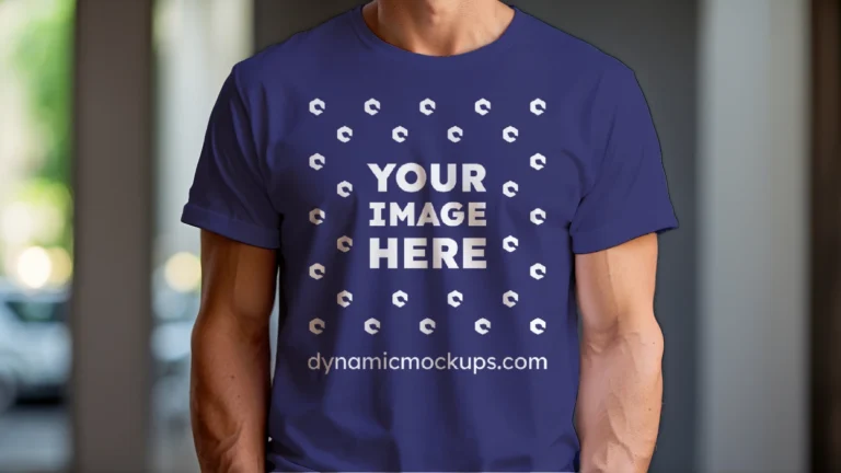 Man Wearing Navy Blue T-shirt Mockup Front View Template