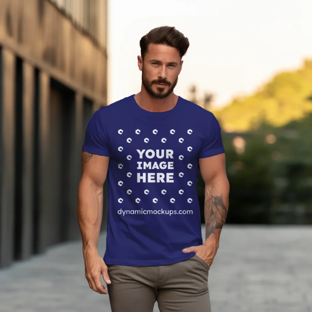 Man Wearing Navy Blue T-shirt Mockup Front View Template