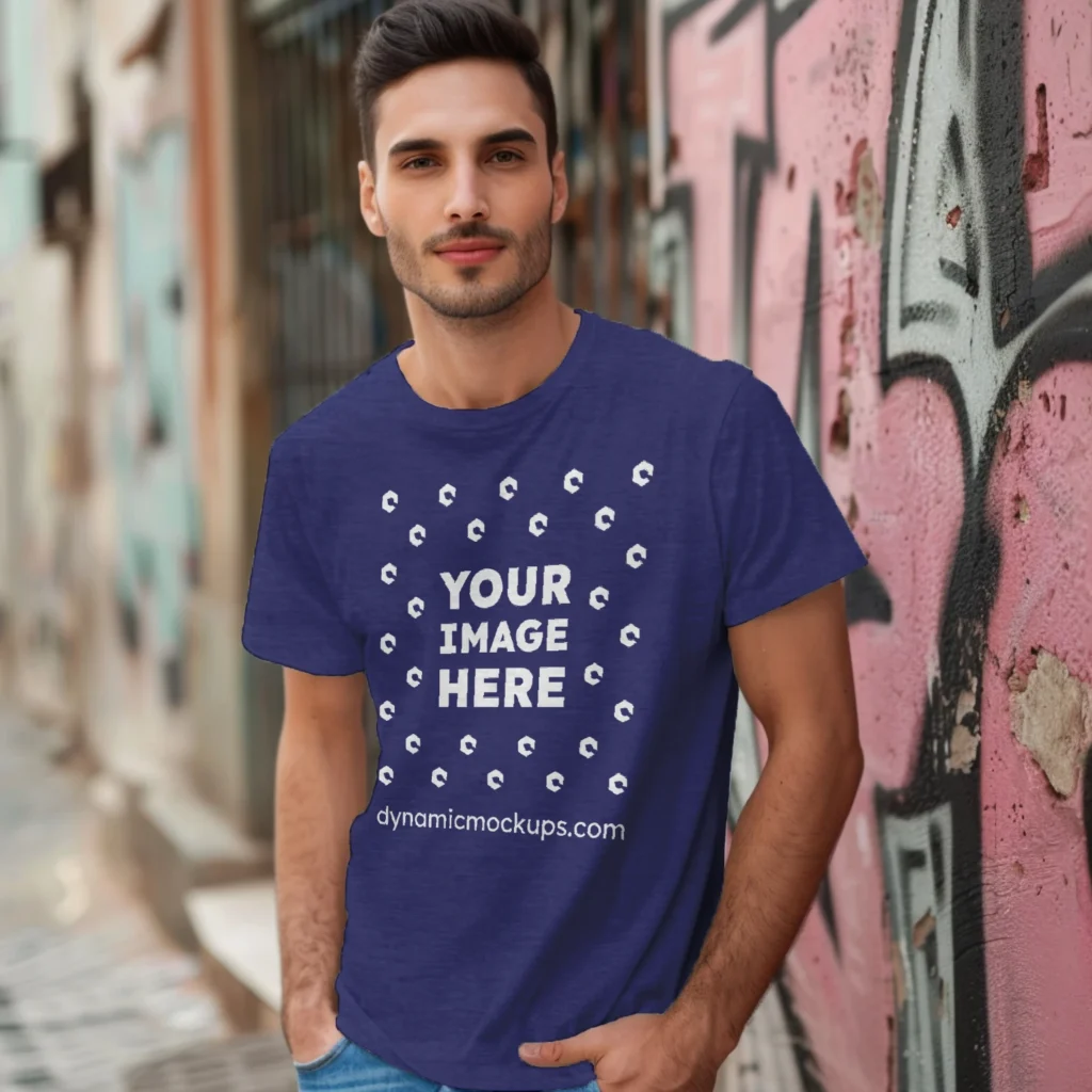 Man Wearing Navy Blue T-shirt Mockup Front View Template